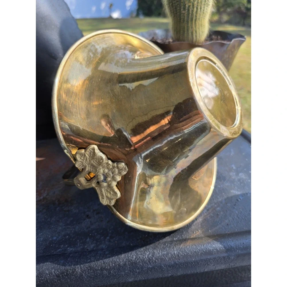 Vintage Brass‎ Flared Basket Bowl w/ Swing Handle & Grapes Mid Century Decor